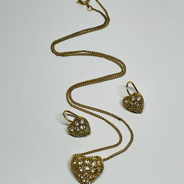 Roman Gold and Rhinestone Heart Necklace and Earrings Set