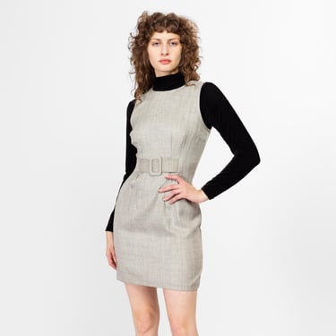 Small 90s Grey Linen Look Belted Mini Dress | Vintage Sleeveless Minimalist Cocktail Sheath Dress 