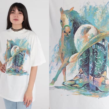 90s Richard Wallich Art Shirt Horse Painting T-Shirt Sparkly Cowboy Boot Graphic Tee Animal Western Vintage White 1990s Extra Large xl 