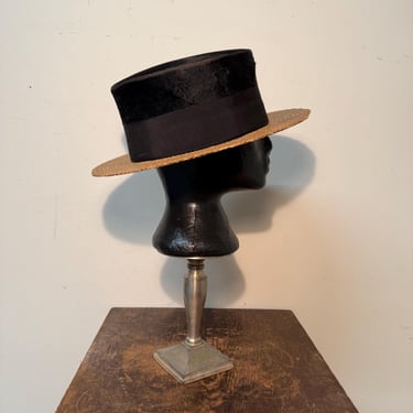 Antique Young Bros Porkpie Hat with Mixed Felt and Straw - 7 3/8 - Early 1900s Gangster Hats - Rare Old World Black Headwear - Cool Patina 
