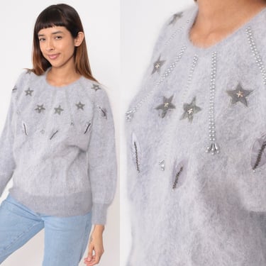 Beaded Star Sweater 80s Fuzzy Muted Periwinkle Knit Pullover Sweater Dolman Sleeve Jumper Mohair Blend Retro Leaf Vintage 1980s Medium M 