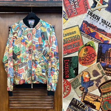 Vintage 1990’s Travel Logo Sticker Print Tyvek “Paper” Jacket, 90’s Bomber Jacket, 90’s Postcard, Vintage Clothing 