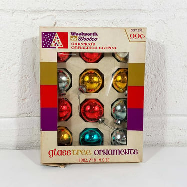 Vintage Christmas Ornaments Woolworth Woolco 1 3/4 inch Diameter Ornament Tree Decoration Set of 12 Box 1960s 