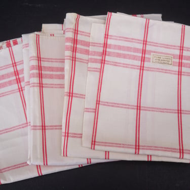 Vintage Pure Irish Linen Tea Towels | Red/White Stripes | Set of 4 Unused 20"x30" 