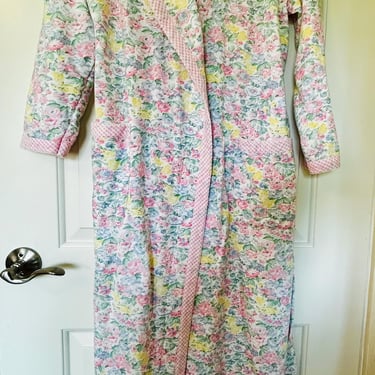 Carole Hochman Knits cotton pastel floral robe with pink and white gingham trim 