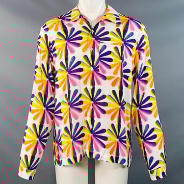 ERL Size M White Multi Color Abstract Floral Rayon One Pocket Long Sleeve Shirt