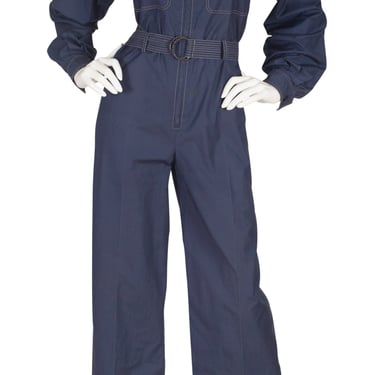 Yves Saint Laurent 1970s Vintage Safari Navy Cotton Collared Jumpsuit Sz S 