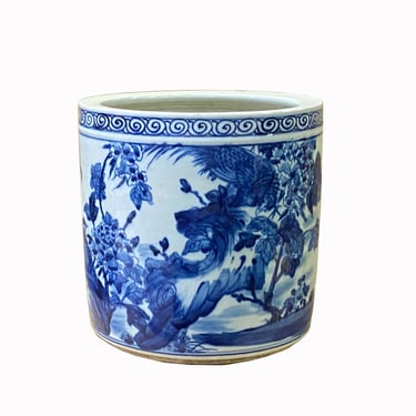 Chinese Blue & White Porcelain Flower Birds Scenery Brush Holder Pot ws2034E 