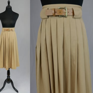 90s Pleated Khaki Skirt - 26" to 29" Waist - Midi Length - Matching Belt - PS Sport - Vintage 1990s 