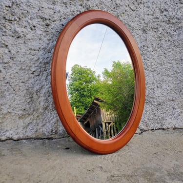 Vintage Mid Century Modern OvalMirror / Wooden Oval Mirror / Brown Wall Mirror / Space Age Mirror / Bathroom Mirror/ Retro Home Decor/ 80s 