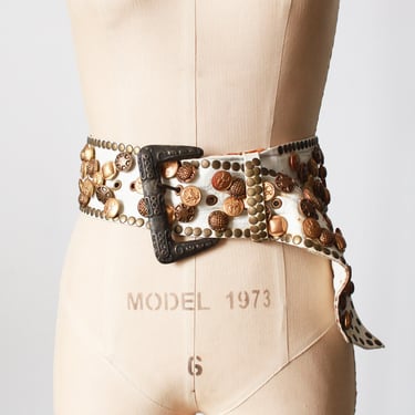 1960s White Leather Button Motif Studded Wide Belt 