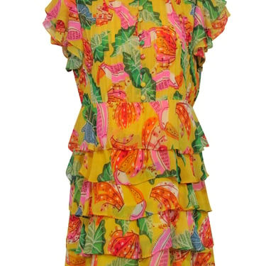 Farm - Yellow Tropical "Beaks & Bananas" Print Ruffle Mini Dress Sz S