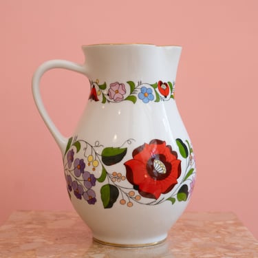 70’s Vintage KALOCSA Hand Painted Pitcher with Gold Trim