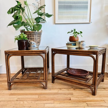 Chippendale Style Rattan + Glass Side Tables