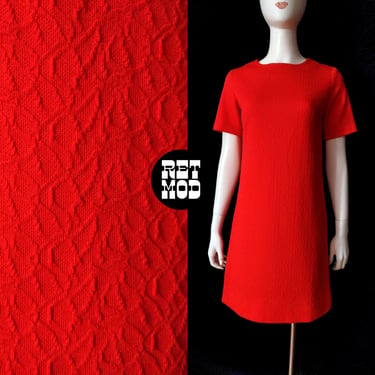 Simple Vintage 60s 70s Red Textured Poly Dress with Short Sleeves 
