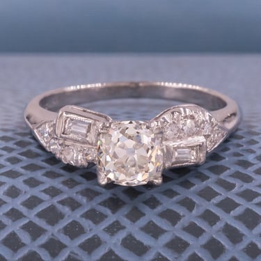 Art Deco Old Mine Diamond Ring with Diamond Studded Leaf Sides