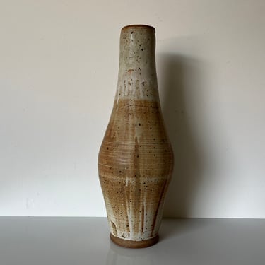 Tall Mid-Century Organic Speckled Brown Glaze Art Studio Pottery Vase, Signed 