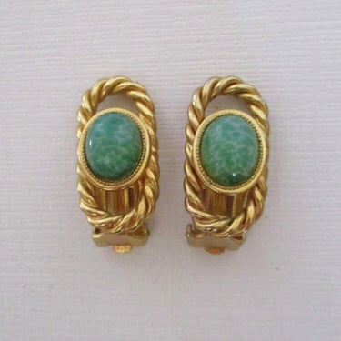 Dior Earrings, Vintage Christian Dior, Germany 1968, Clip Ons, Gold Rope, Green Cabochon 