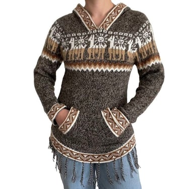 Vintage Womens Brown Tan Alpaca Blend Fringe Peruvian Hippie Hoodie Sweater Sz M 