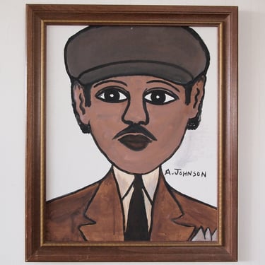 Original ANDERSON JOHNSON Portrait PAINTING Black African American 23x19" Oil / Canvas Framed, brown southern folk outsider art brut naive 