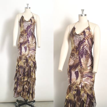Vintage 2000s Dress / Y2K Diane Freis Animal Print Gown / Purple Green ( medium M ) 