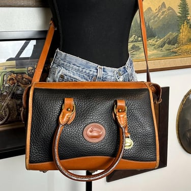 Vintage 1990s Dooney & Bourke Black Pebble All Weather Leather Boston Bag with Strap 