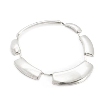Vintage Modernist Sterling Silver Collar Necklace, Large Silver Plate Chain Necklace with Box Clasp, 16.5in 