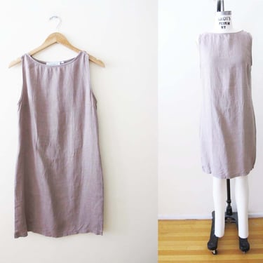 Vintage 90s Greige Neutral Linen Shift Dress S M - 1990s Minimalist Natural Fiber Sleeveless Simple Sundress 