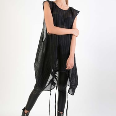 Semi-Sheer Oversized Transformable Pinstripe Sleeveless Blouse