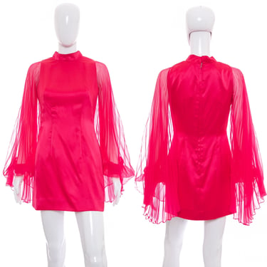 1960's Claralura Pink Chiffon Angel Sleeves Mini Dress Size S