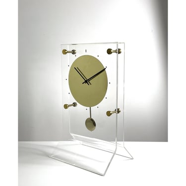 Large Vintage Lucite Brass Pendulum Mantel Clock 1970s 