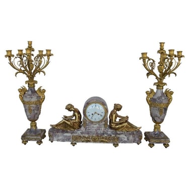 19th Century Gilt Bronze Ormolu and Marble Clock Set