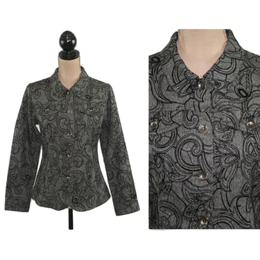 Y2K Fitted Chambray Denim Jacket Small to Medium, Dark Gray with Black Velvet Embossed Paisley Print, 2000s Clothes Women Vintage 
