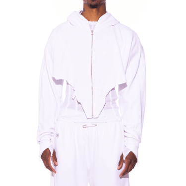 V CUT ZIP-UP HOODIE IN WHITE TERRY (MENS)