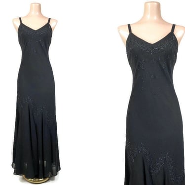 VINTAGE 90s Gothic Black Beaded Drop Waist Flapper Dress by R&M Richards 10P | 1990s 20s Style Gatsby Party Dress | VFG 