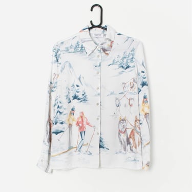 Vintage ski blouse with beautiful huskies and ski scene - Medium 