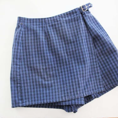 Vintage 90s Plaid Skort M - 1990s Grunge Blue Black Skort Shorts Buckle Side Wrap Front 