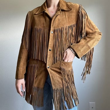 Vintage 70s Womens Brown Leather Suede Fringe Western Rodeo Boho Jacket Sz M 