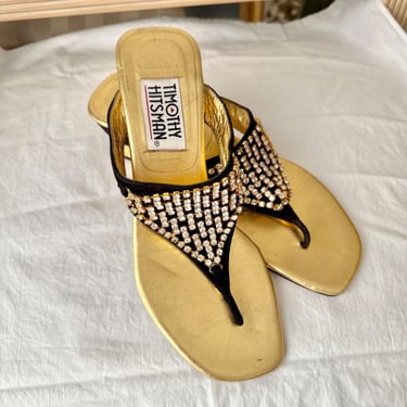Sparkly Bling Sandals, Rhinestone Trim, Slides, Flip Flops, Metallic Mules, Glitzy Shoes, Kitten Heel, Spain, Vintage 80s 90s 