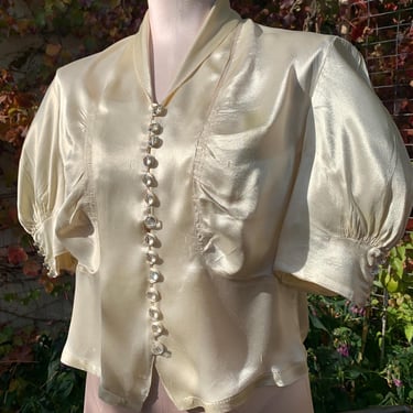 1930's 40's Satin Blouse - Creamy Rayon Satin - 22 Beautiful Crystal Faceted Buttons - Size Medium 