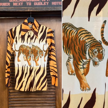 Vintage 1960’s Jungle Tiger Mod Disco Acetate Tiger Stripe Shirt Top, 60’s Disco, Vintage Animal Print, Vintage Fit Shirt, Vintage Clothing 