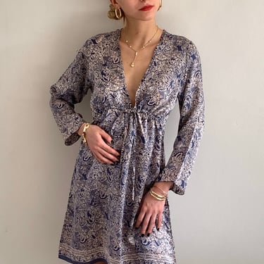 70s silk dress / vintage indigo block print lightweight silk plunge empire waist mini dress / resort wear silk house dress | S 