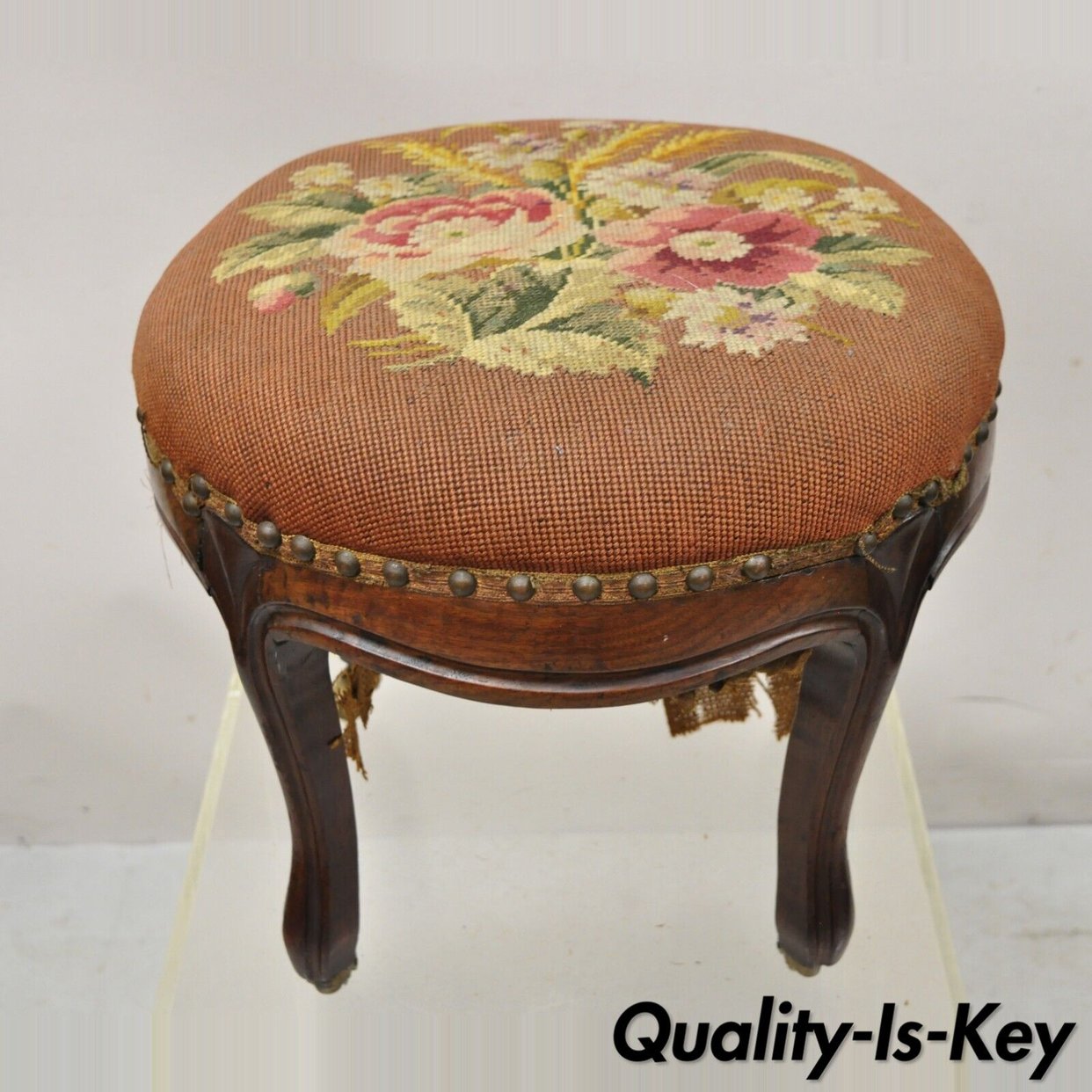 Antique Victorian Round Needlepoint Mahogany Frame Footstool Stool ...