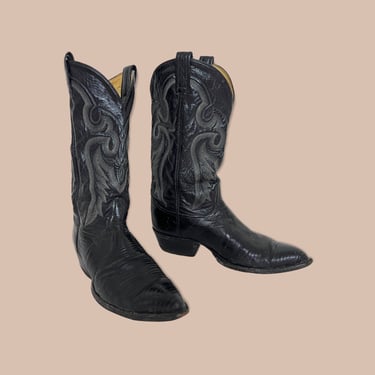 Vintage TONY LAMA Black Lizard Skin Cowboy Boots ~ Men's 8 / Women's 9.5 ~ Western ~ Rockabilly ~ Biker ~ 