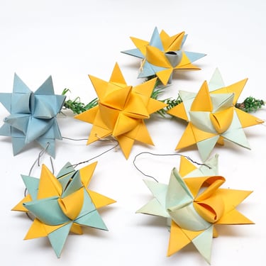 6 Antique Hand Made Moravian Christmas Star Ornaments, Vintage German Froebel Star Folded Paper 
