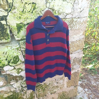 Vintage 1970's Striped Knit Long Sleeve Polo Sweater / Collared / Preppy / M to L 