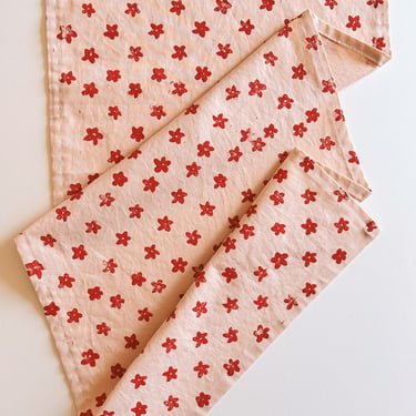 hand block printed table runner. red mini floral on blush pink. boho decor. linen tablecloth. birthday or dinner party decor. 