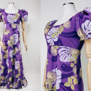 Vintage Handmade Floral Monstera Leaf Maxi Hawaiian Dress w Puffy Sleeves & Ruffled Bottom, Empire Waist Small | Tropical, Vacation, Formal 