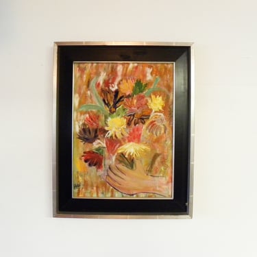 Mid Century Vintage Oil Painting Of Hands Holding Flowers 