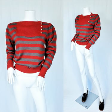 1980's Red Grey Sailor Stripe Bib Front Acrylic Pull Over Sweater I Sz Med I Penrose 